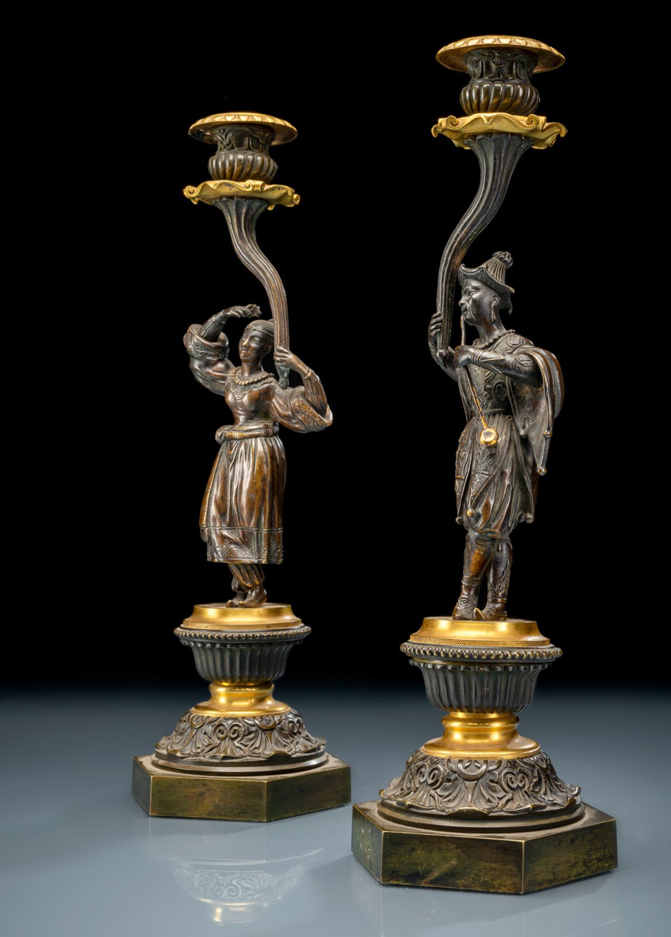 A PAIR OF CHARLES X ORMOLU AND PATINATED BRONZE CANDLESTICKS OF CHINOISE STYLE - Image 3 of 5