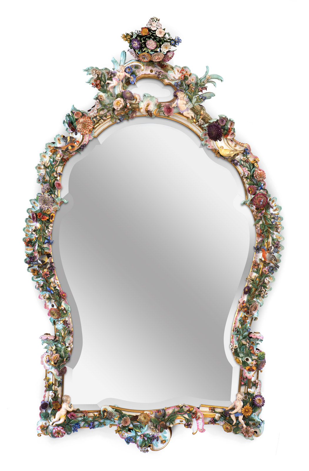 A LARGE ROCOCO STYLE MEISSEN PORCELAIN WALL MIRROR