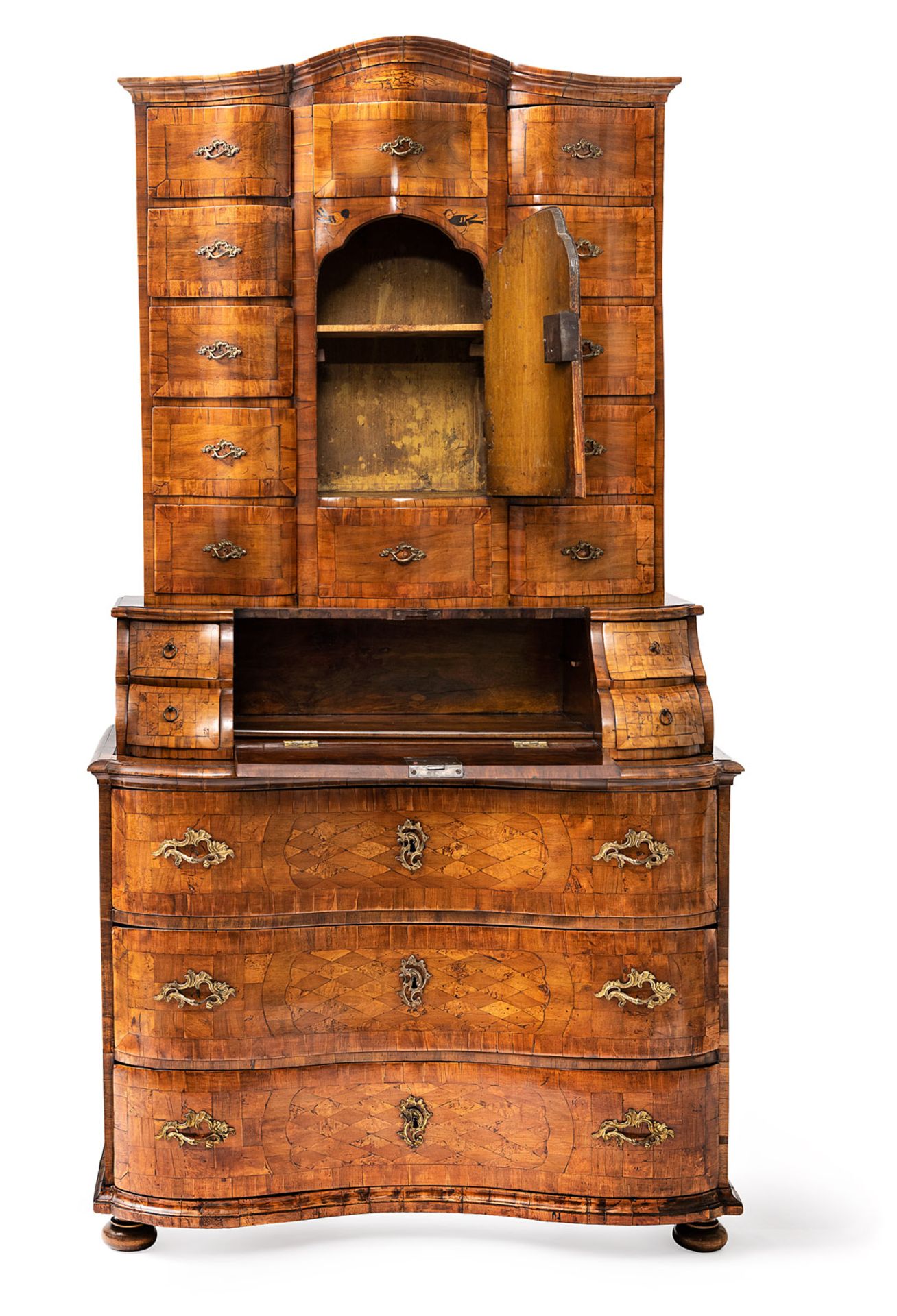A BAROQUE BRASS MOUNTED WALNUT MARQUETRIED SECRETAIRE-A-TROIS-CORPS - Image 2 of 6