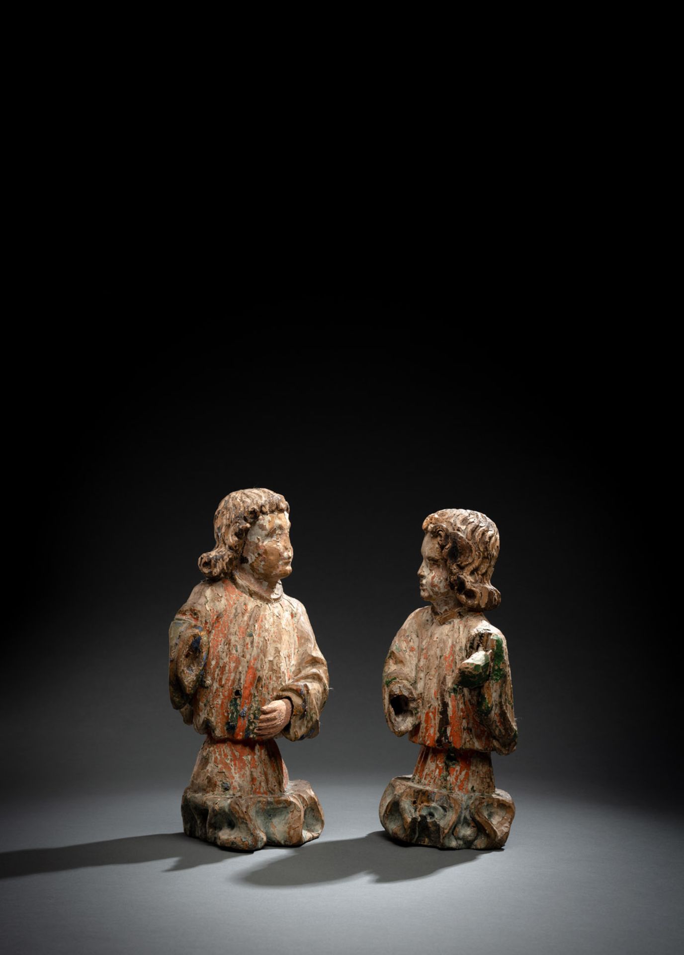 A PAIR OF PROBABLY FRANCONIAN GOTHIC ANGELS ON BANDS OF CLOUDS - Image 3 of 3