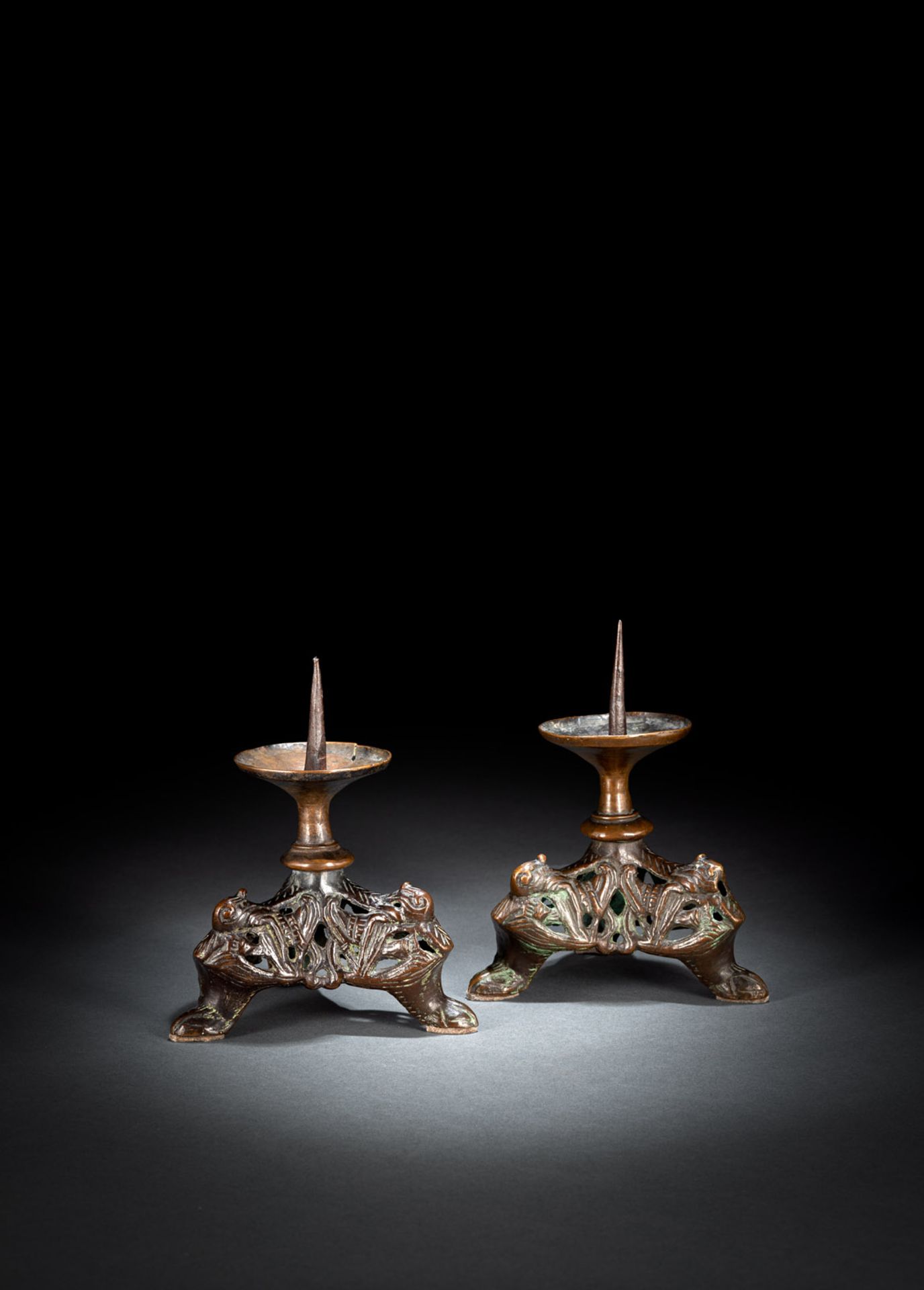 A PAIR OF MEDIEVAL OPENWORK BRONZE TRIPOT CANDLESTICKS - Image 2 of 2