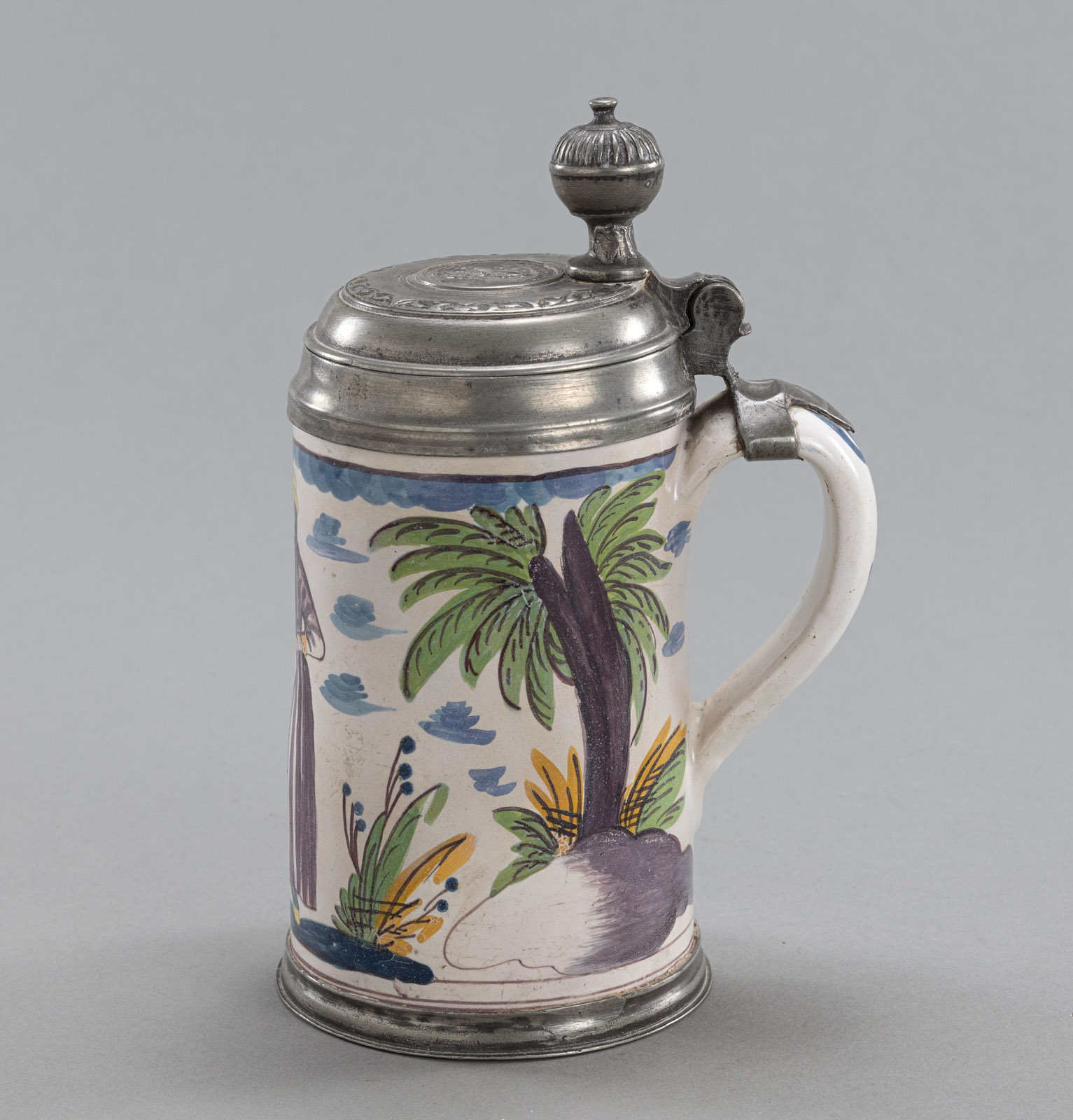 A RHEINSBERG PEWTER MOUNTED FAYENCE TANKARD - Image 3 of 7