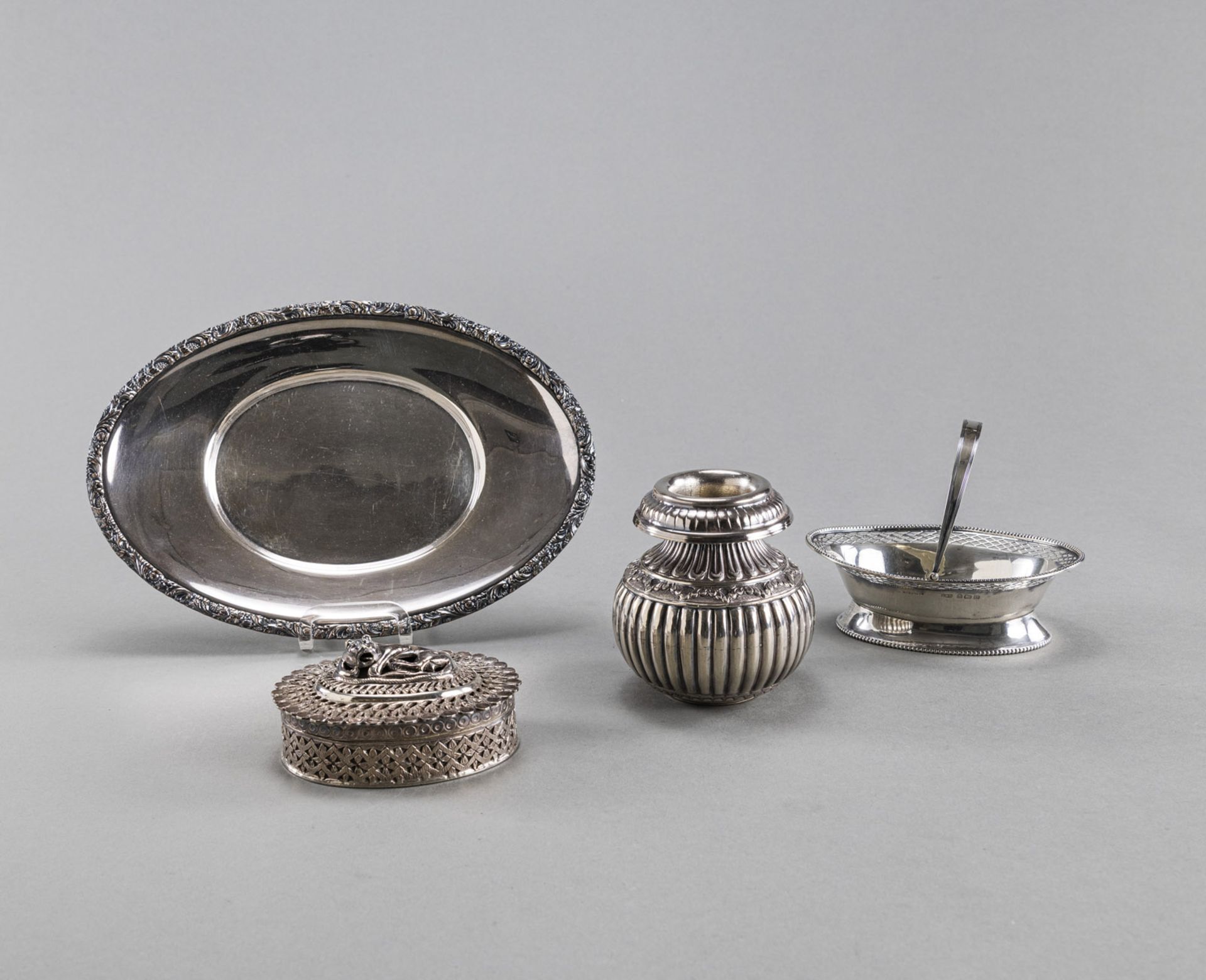 A MIXED LOT OF A SILVER VASE, A SMALL BOX, A BASKET AND A TRAY