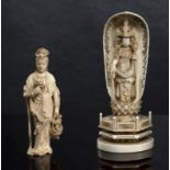 Zwei Okimono aus Elfenbein: Kannon Bosatsu und Mädchen mit Blütenkorb