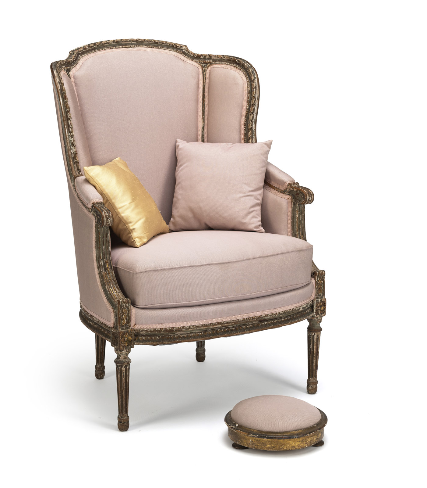 A LOUIS XVI STYLE POLYCHROME AND PARCEL- GILT PAINTED FAUTEUIL