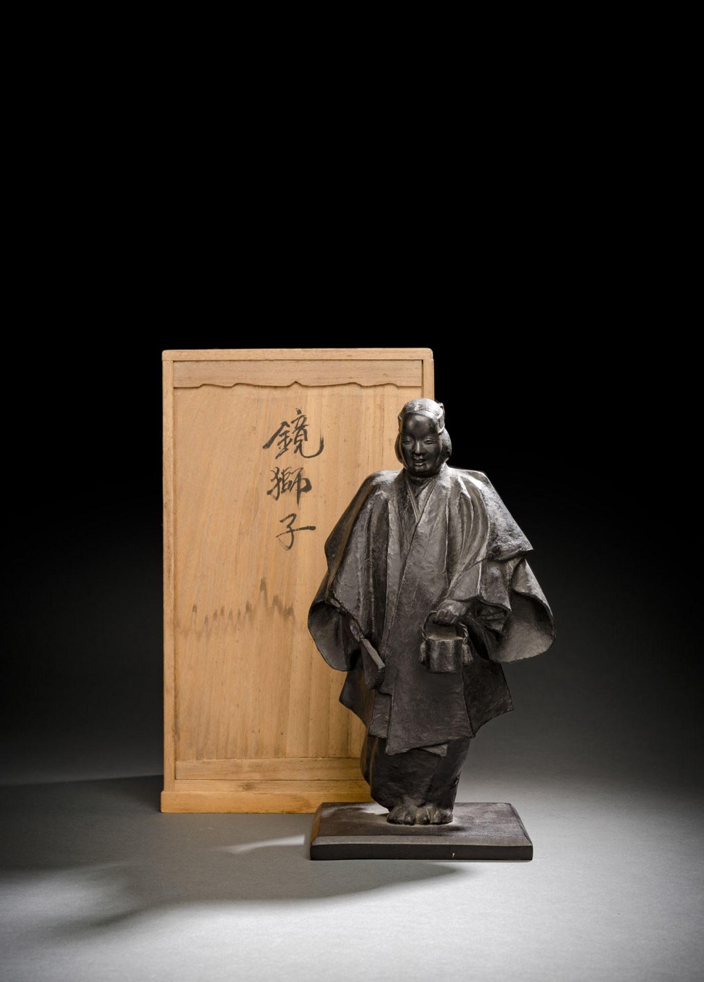A BRONZE FIGURE OF A NÔO ACTOR WEARING A MASK BY MIURA WAKO