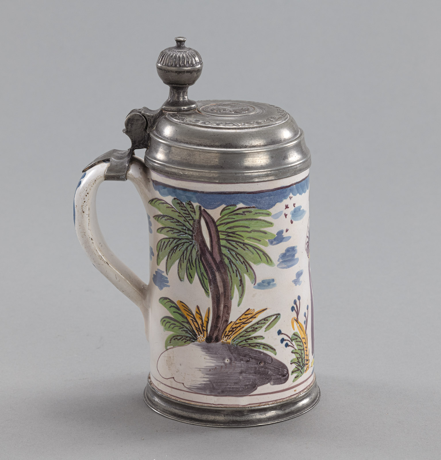 A RHEINSBERG PEWTER MOUNTED FAYENCE TANKARD - Image 2 of 7