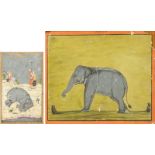 Zwei Miniaturmalereien, Portrait eines angeketteten Elefanten und Jagdszene mit einem erlegen Elefa