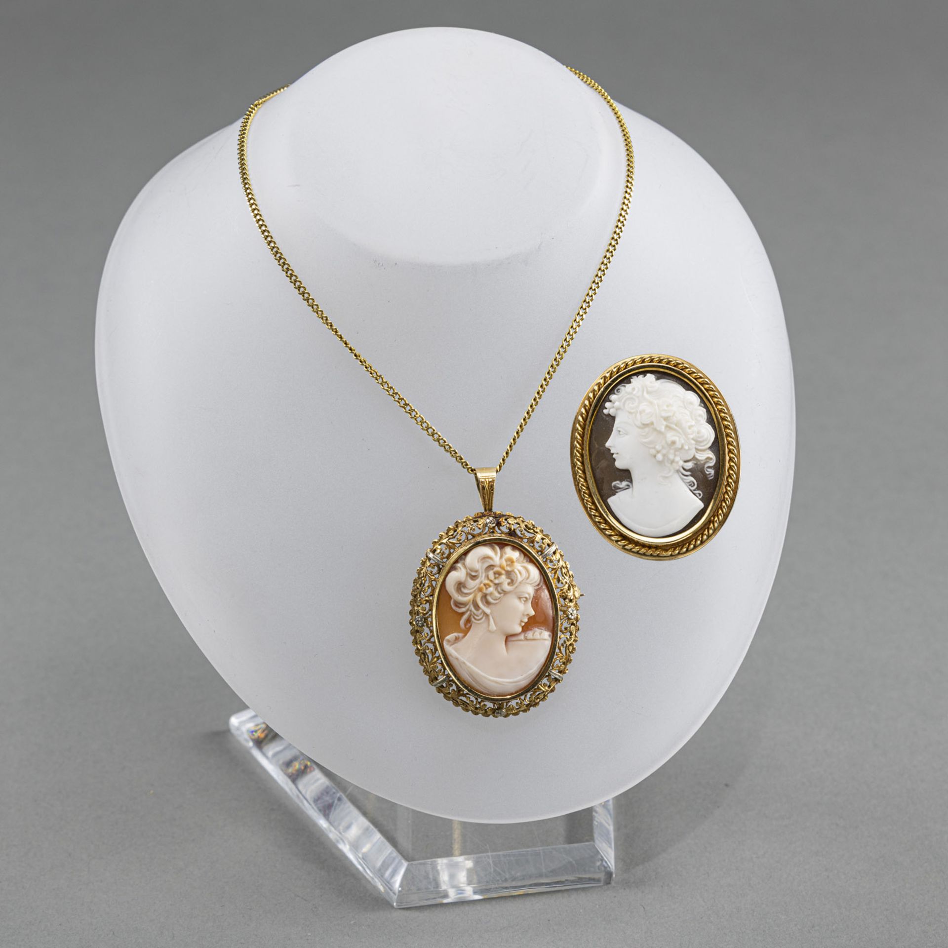 SHELL CAMEO BROOCH AND PENDANT WITH NECKLACE