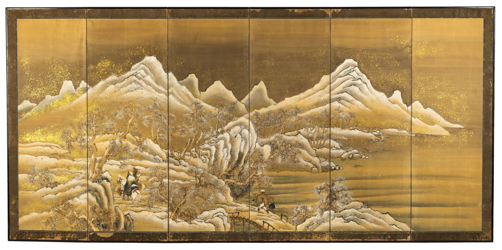Sechsteiliger Faltschirm mit einer Winterlandschaft und Reitern auf Goldfond