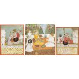 Drei Miniaturmalereien, 2 Gegenstücke mit Hookah rauchenden Prinzen, eine Audienzszene