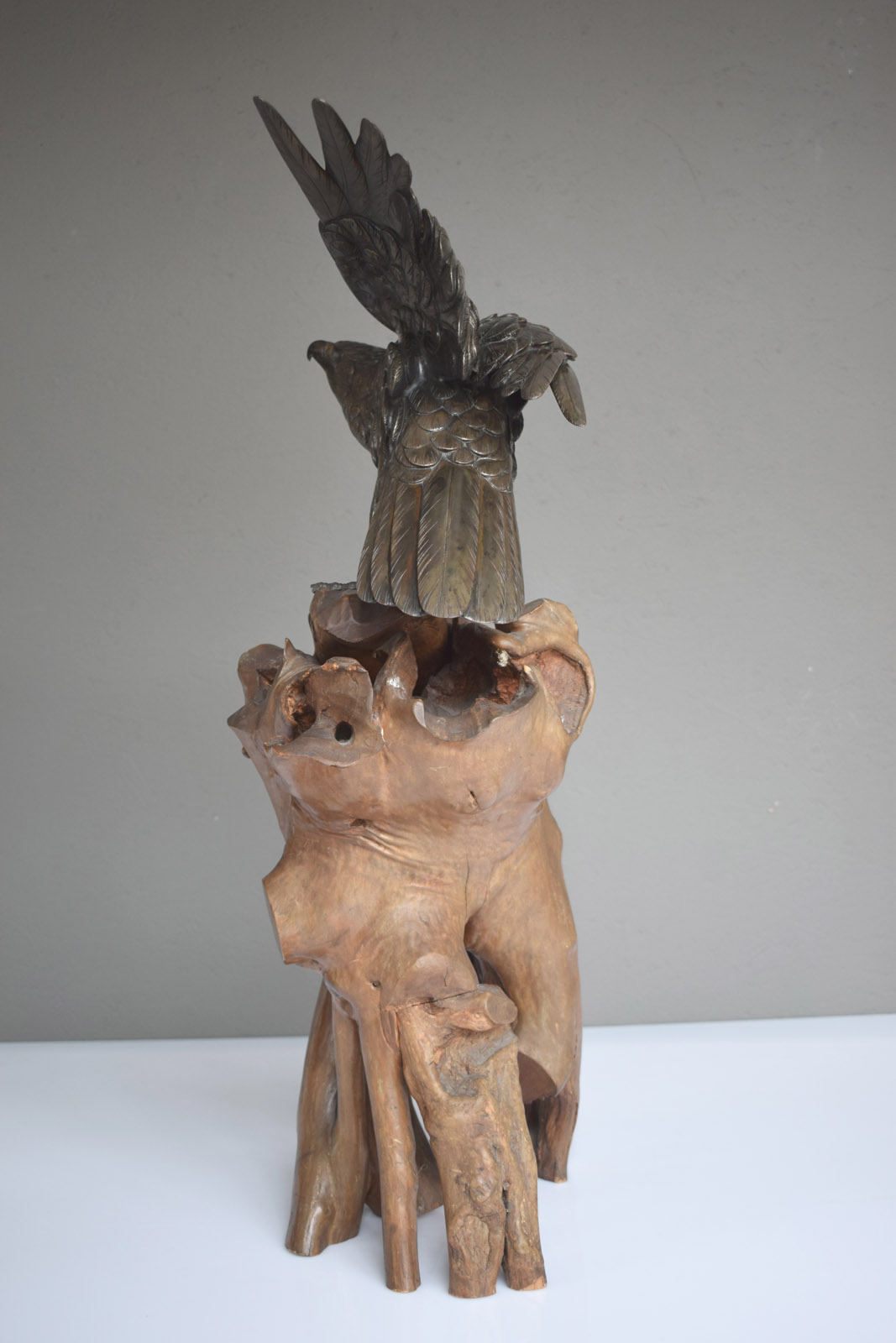 A BRONZE MODEL OF AN EAGLE ON A ROOTWOOD STAND - Image 6 of 12