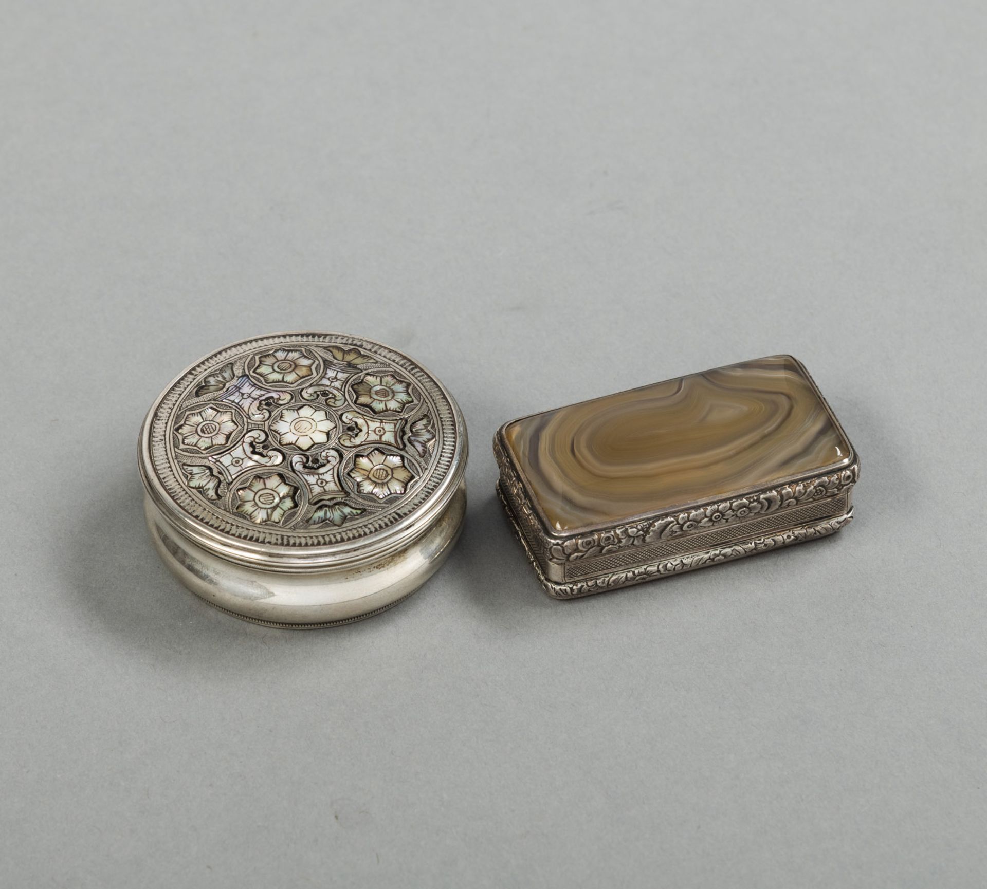 TWO SILVER MOUNTED TABATIERES