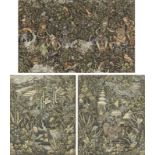 Drei Malereien auf Papier mit Tieren und hinduistischen Göttern in Landschaften
