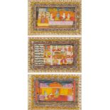 Drei Seiten eines Manuskriptes mit Miniaturmalereien