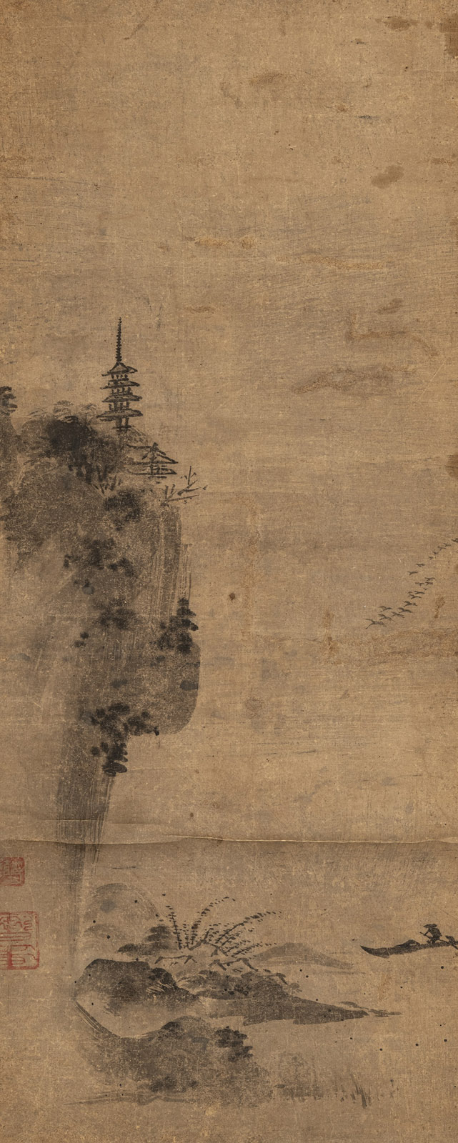 A HANGING SCROLL WITH A PAGODA IN A MOUNTAIN LANDSCAPE