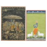 Zwei Miniaturmalereien mit verschiedenen Episoden aus dem Leben Krishnas, u.a. Krishna als Kuhhirte