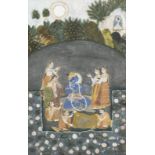 Feine Miniaturmalerei. Darstellung von Krishna umringt von Gobis am Ufer des Yamuna Flusses.