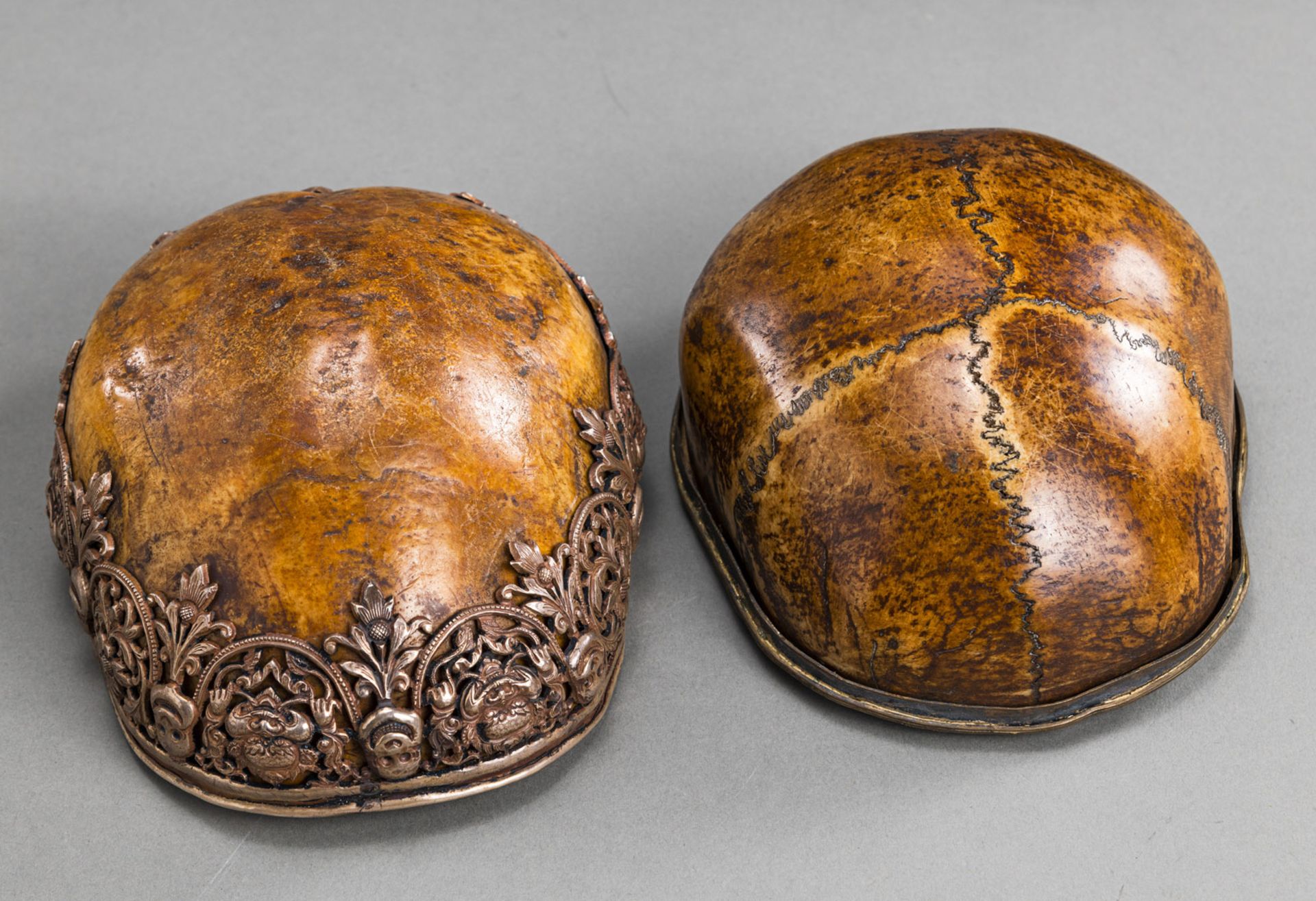 TWO MOUNTED KAPALA, PARTLY WORKED IN SILVER OR GILT-COPPER ON STANDS - Image 4 of 4
