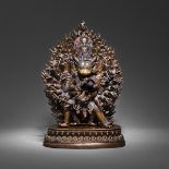 Teilvergoldete Bronzefigur des Vajrabhairava mit flammender Mandorla