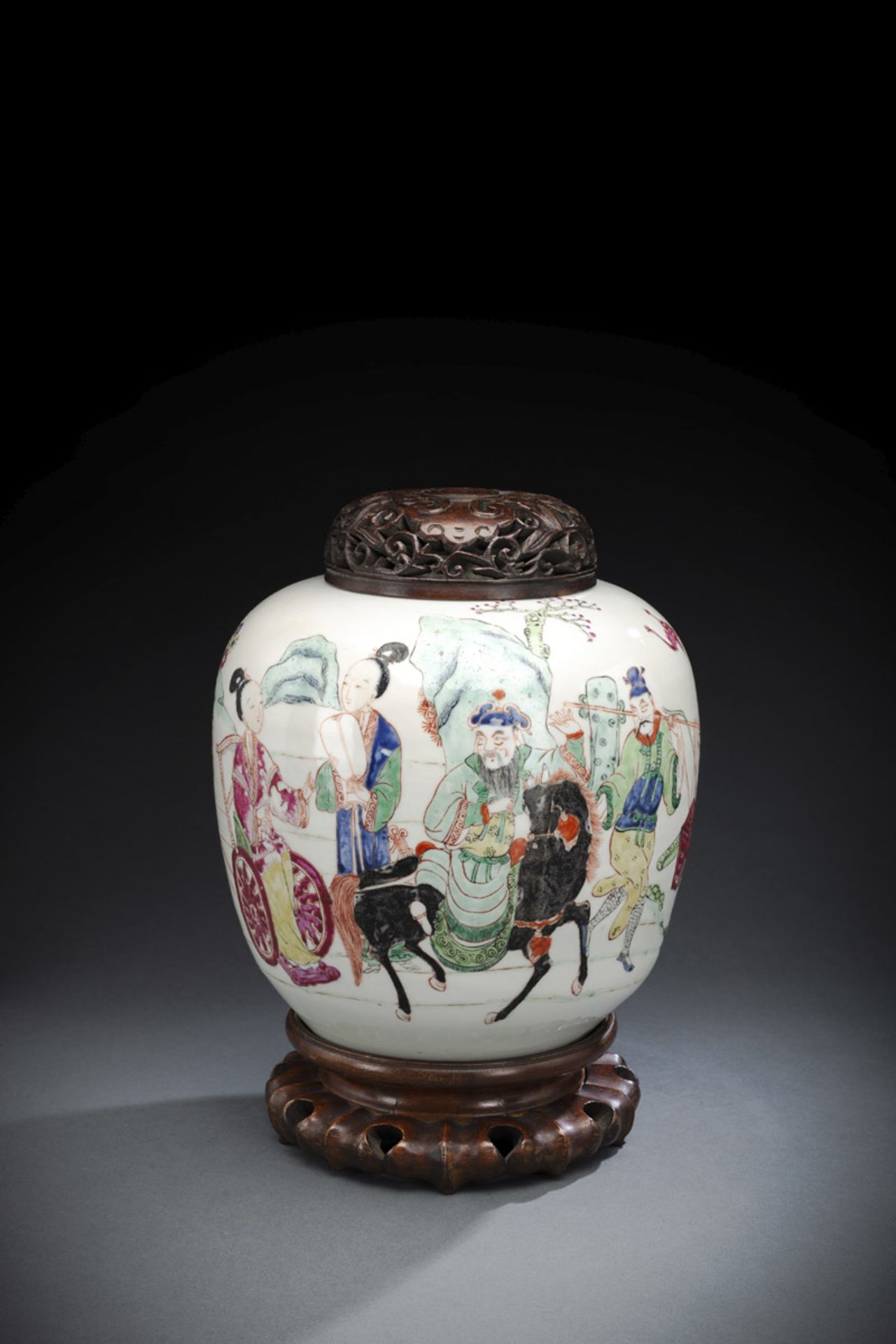'FAMILLE ROSE' JAR WITH A COUPLE OF CIVIL SERVANTS TRAVELING IN A MOUNTAIN LANDSCAPE