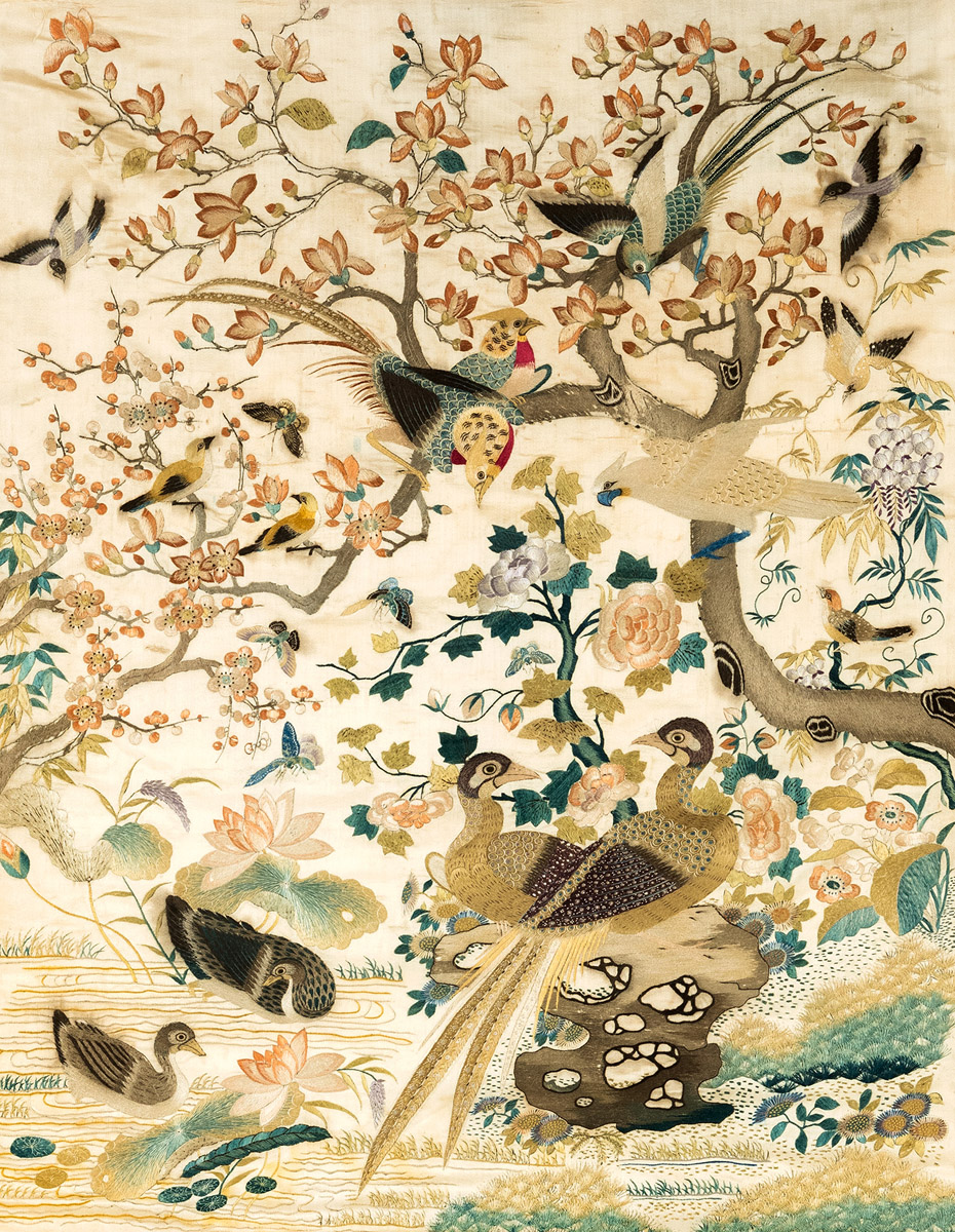 A FINE CREAM-GROUND SILK EMBROIDERY WITH BIRDS AND A FLOWERING TREE