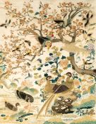 A FINE CREAM-GROUND SILK EMBROIDERY WITH BIRDS AND A FLOWERING TREE