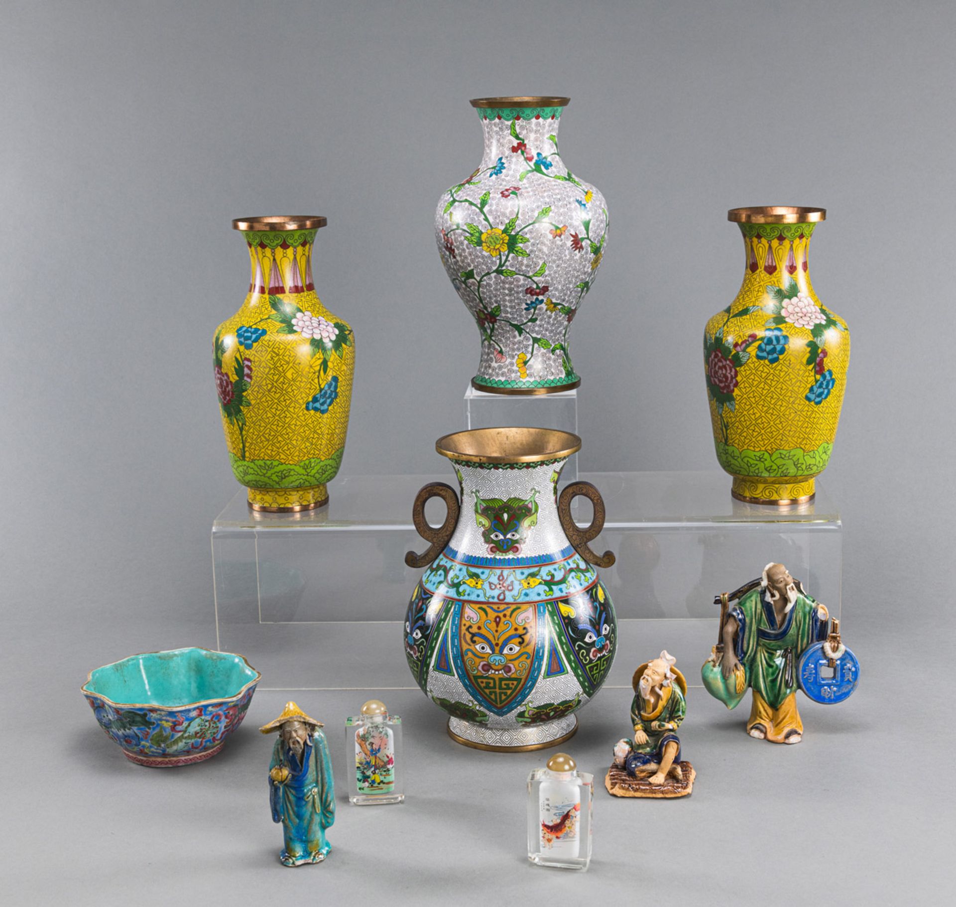 A GROUP OF CLOISONNÉ VASES AND OTHER WORKS OF ART