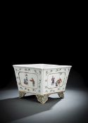 A SQUARE FAMILLE ROSE PORCELAIN JARDINIÉRE WITH FIGURAL SCENES AND FLOWERS
