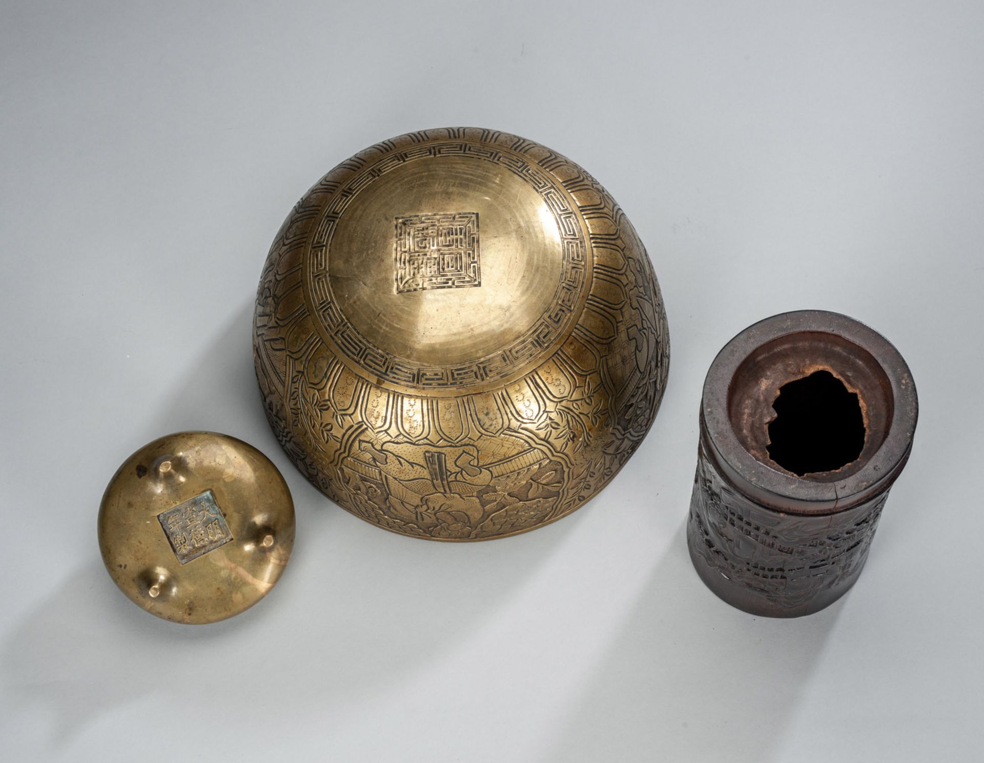 A BRONZE BOWL, A BRONZE INCENSE AND A BAMBOO BRUSH POT WITH A LAKE LANDSCAPE IN RELIEF - Image 3 of 6