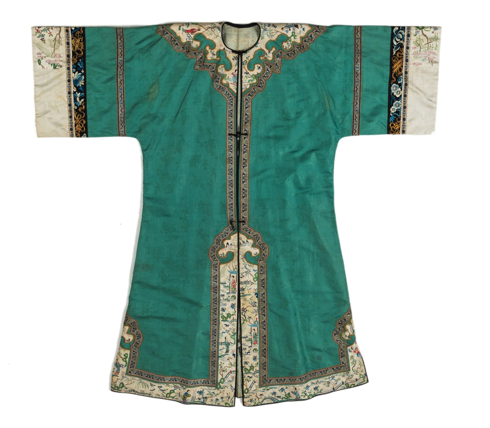 A LADY'S SILK MAST OVERROBE WITH EMBROIDERED AND WOVEN BORDERS