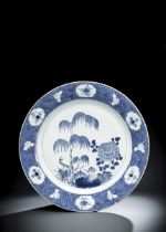 A LARGE BLUE AND WHITE PORCELAIN PLATE WITH CHRYSANTHEMUM, LOTUS AND A WILLOW TREE