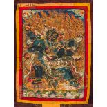 Vier Thangka, darunter eine Darstellung eines Mahakala, ein Mandala, Buddha Shakyamuni und Padmasam