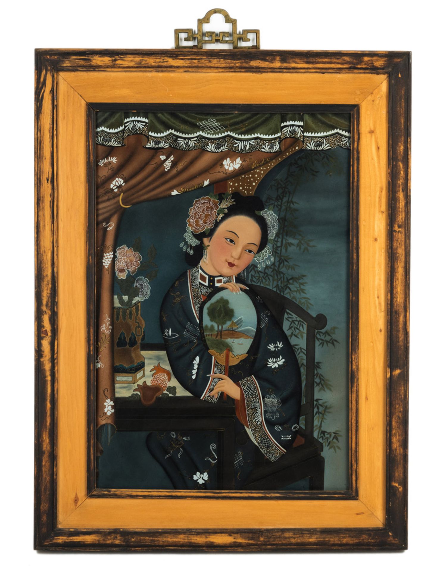A REVERSE PAINTING ON GLASS OF A LADY HOLDING A FAN