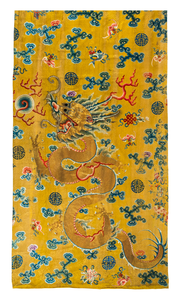 A PAIR OF IMPERIAL YELLOW-GROUND SILK EMBROIDERED CURTAINS WITH MIGHTY RISING DRAGON