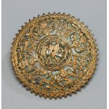 Rundes Ornament aus partiell vergoldetem Metall mit Blumen- und Vogeldekor