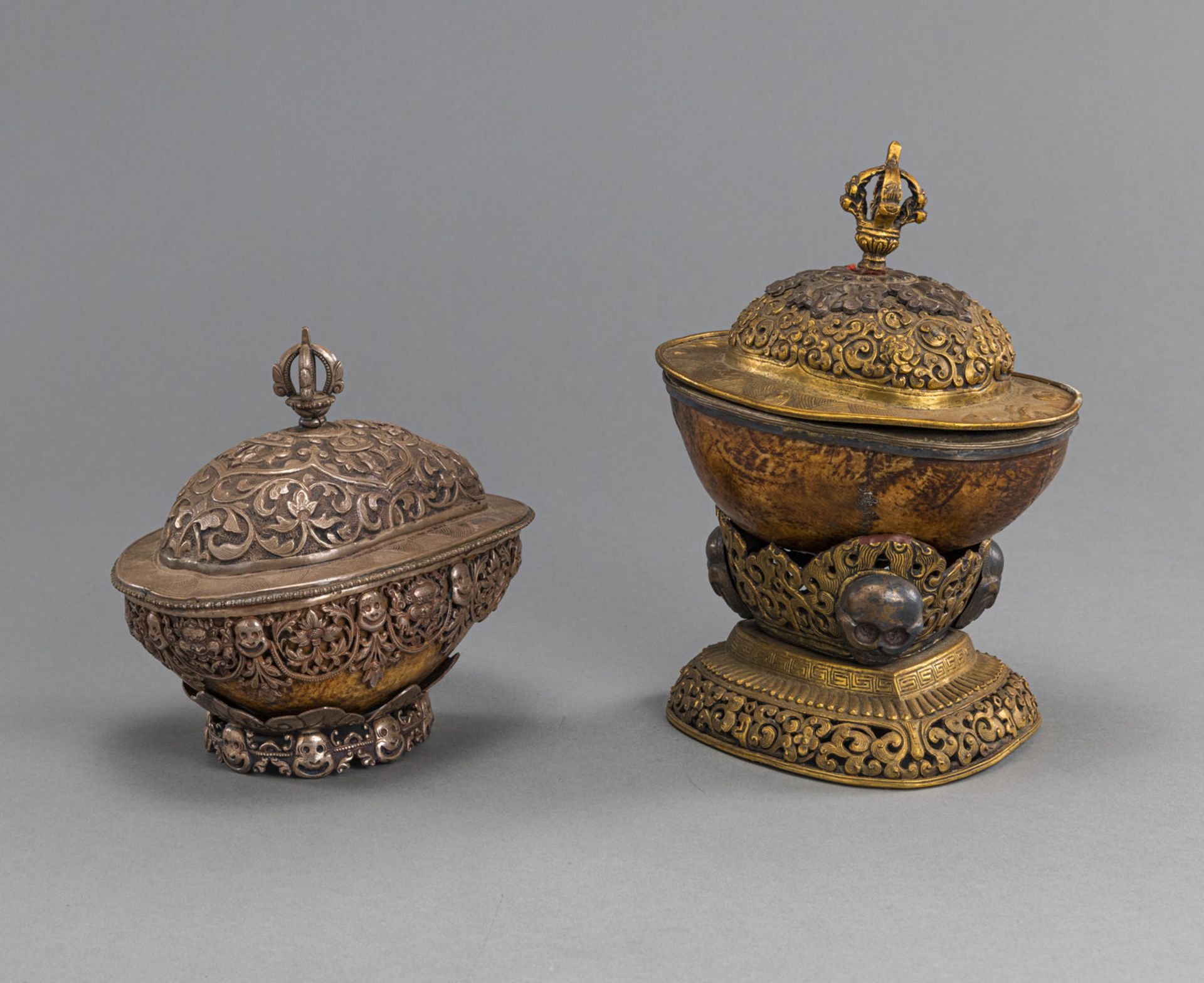TWO MOUNTED KAPALA, PARTLY WORKED IN SILVER OR GILT-COPPER ON STANDS - Image 2 of 4