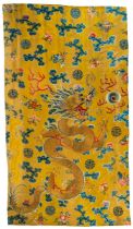 A PAIR OF IMPERIAL YELLOW-GROUND SILK EMBROIDERED CURTAINS WITH MIGHTY RISING DRAGON