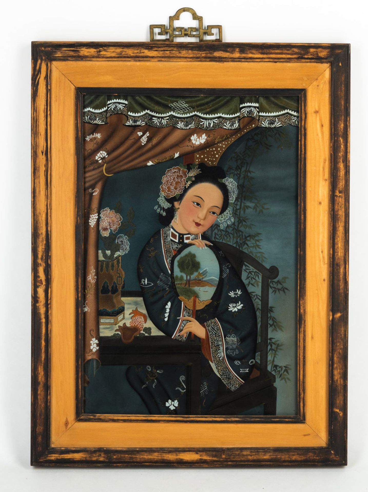 A REVERSE PAINTING ON GLASS OF A LADY HOLDING A FAN - Image 2 of 3