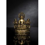 Seltene Bronze einer Triade mit Buddha Shakyamuni und zwei Bodhisattva