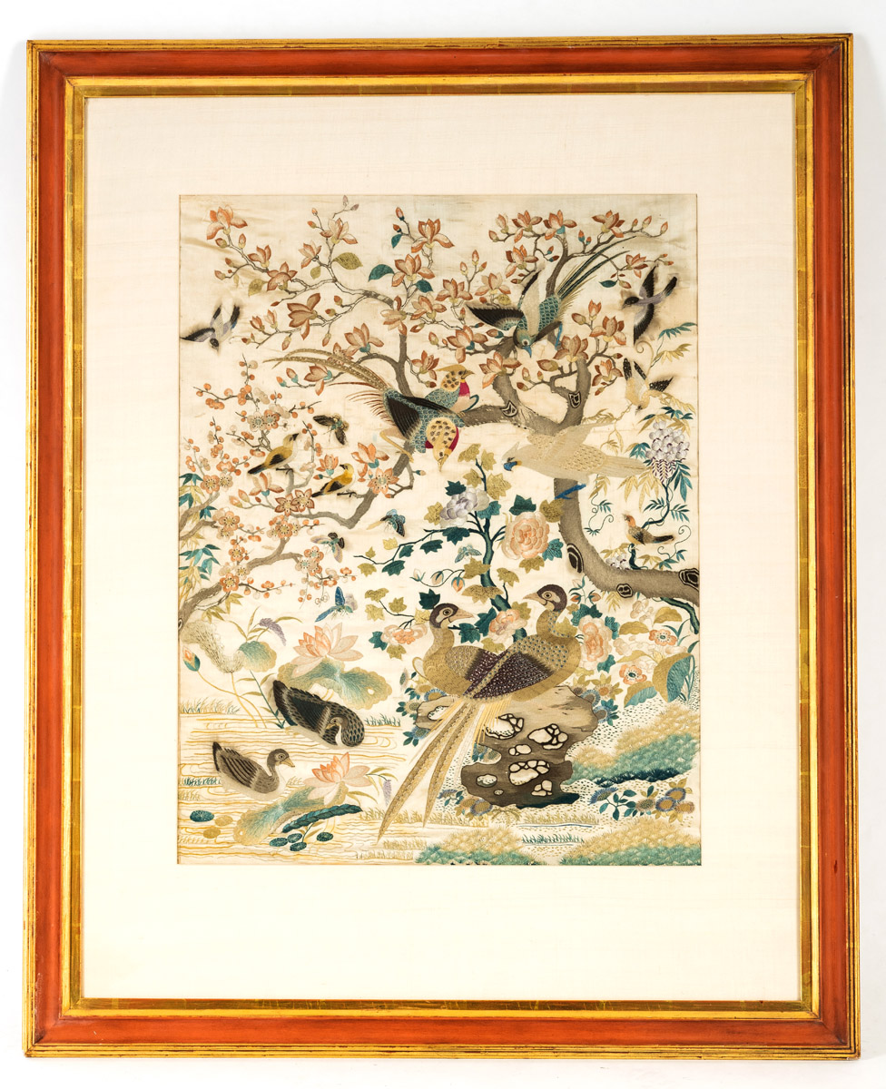 A FINE CREAM-GROUND SILK EMBROIDERY WITH BIRDS AND A FLOWERING TREE - Image 2 of 2