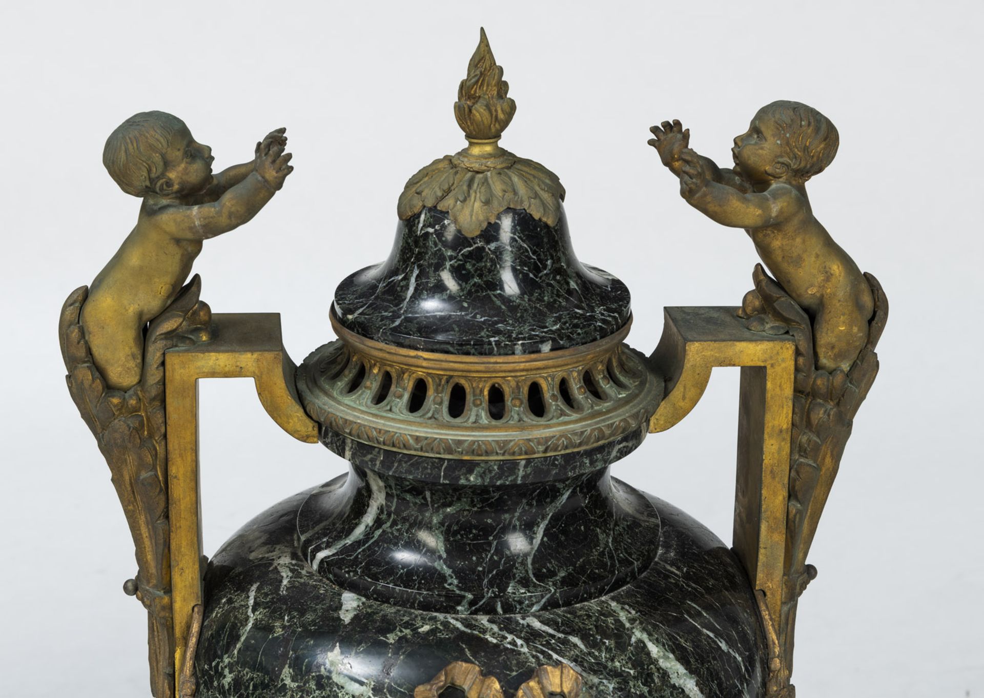 A PAIR OF FRENCH ORMOLU MOUNTED VERT DE MER MARBLE TWO-HANDLED VASES - Image 3 of 4