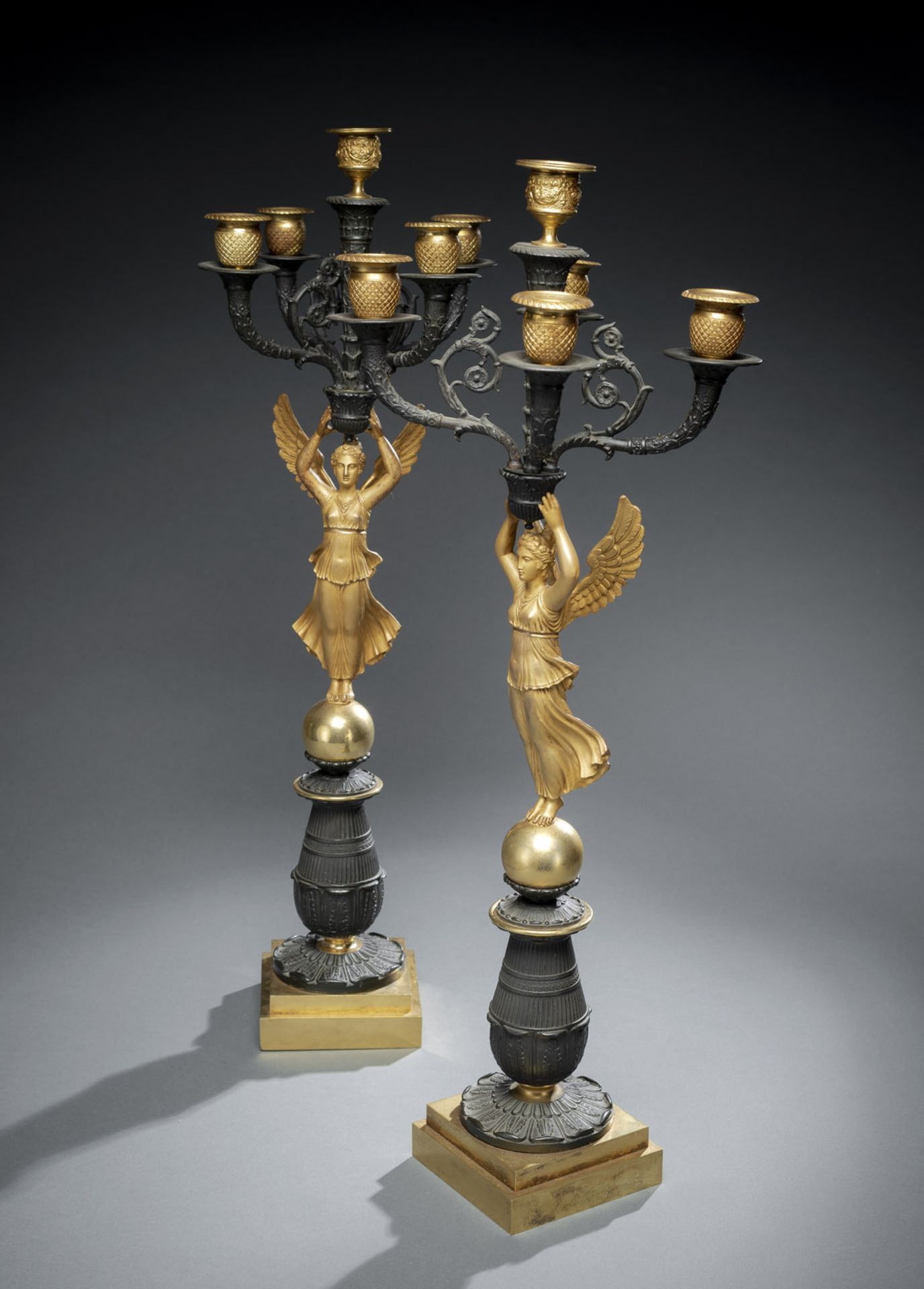 A PAIR OF FRENCH CHARLES X ORMOLU AND PAINTED BRONZE FIVE LIGHT CANDELABRA - Image 2 of 3