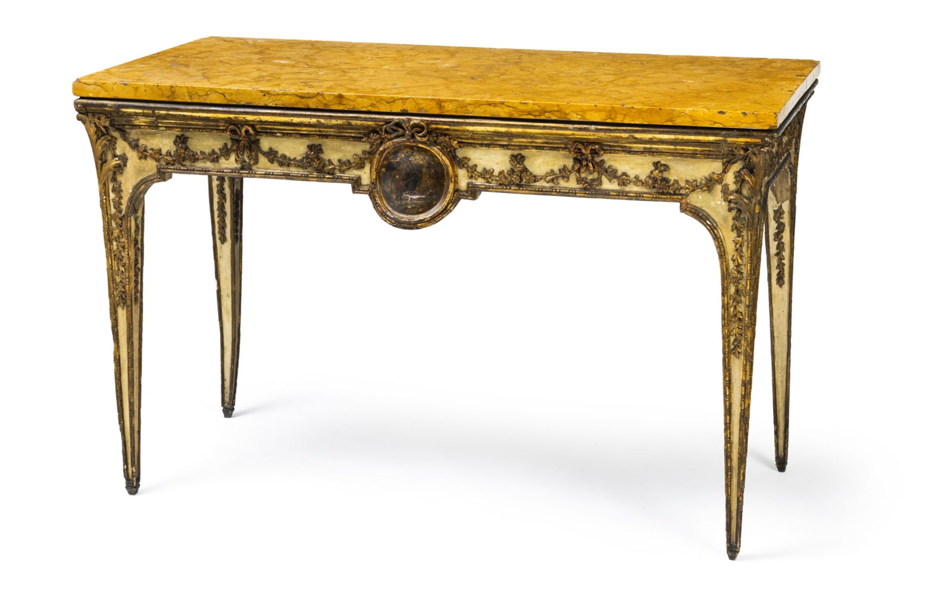 A TRANSITION PERIOD PAINED AND PARTLY SILVERED CONSOLE TABLE