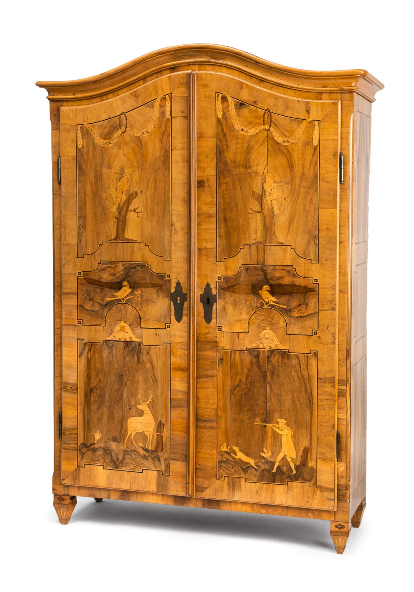 AN AUSTRIAN BRASS MOUNTED WALNUT AND MARQUTRIED JOSEPHINIAN CUPBOARD