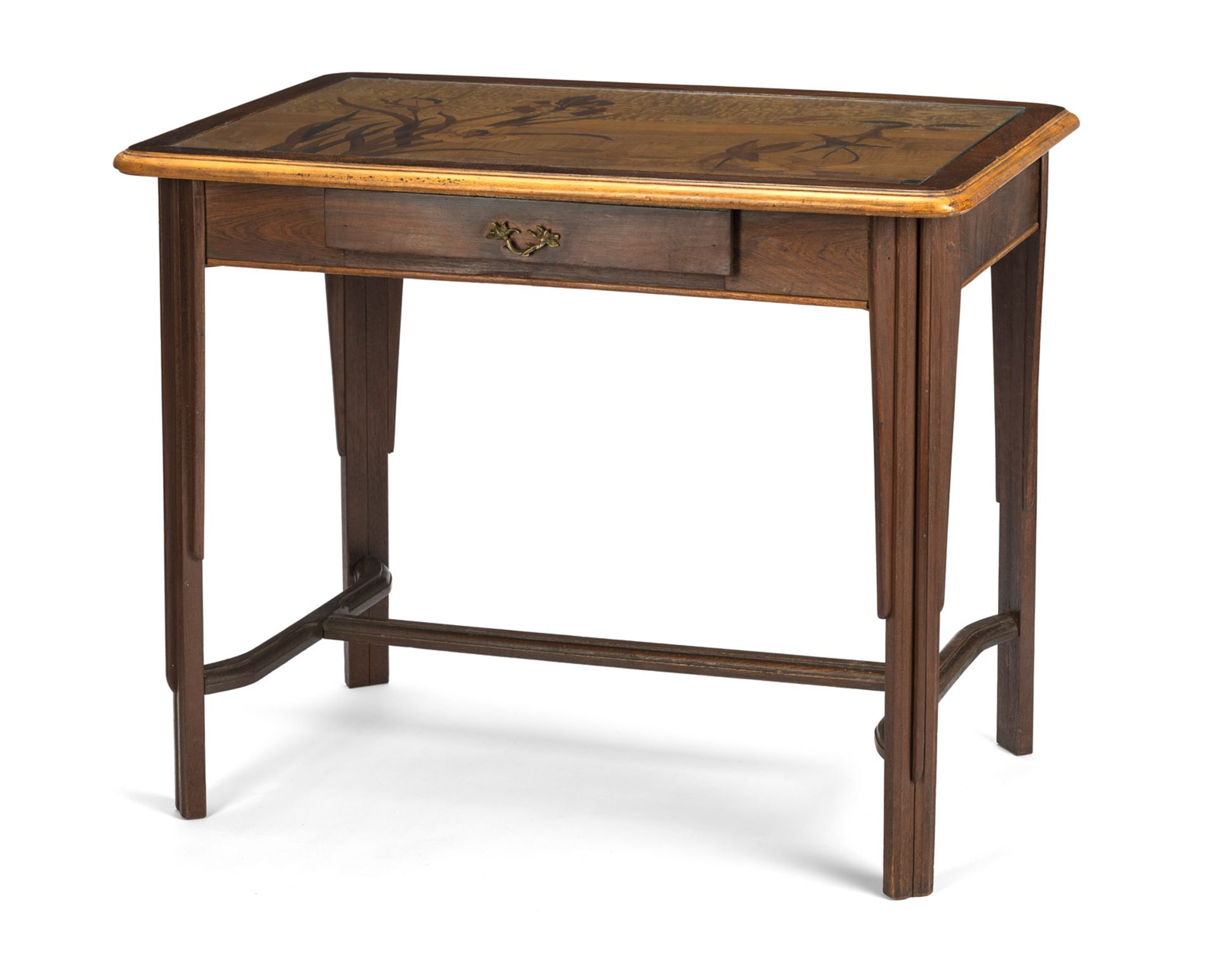AN ART NOUVEAU FLORAL TOOLED PALISANDER, OAKWOOD, MAHOGANY, ROOTWOOD AND ASH WRITING DESK