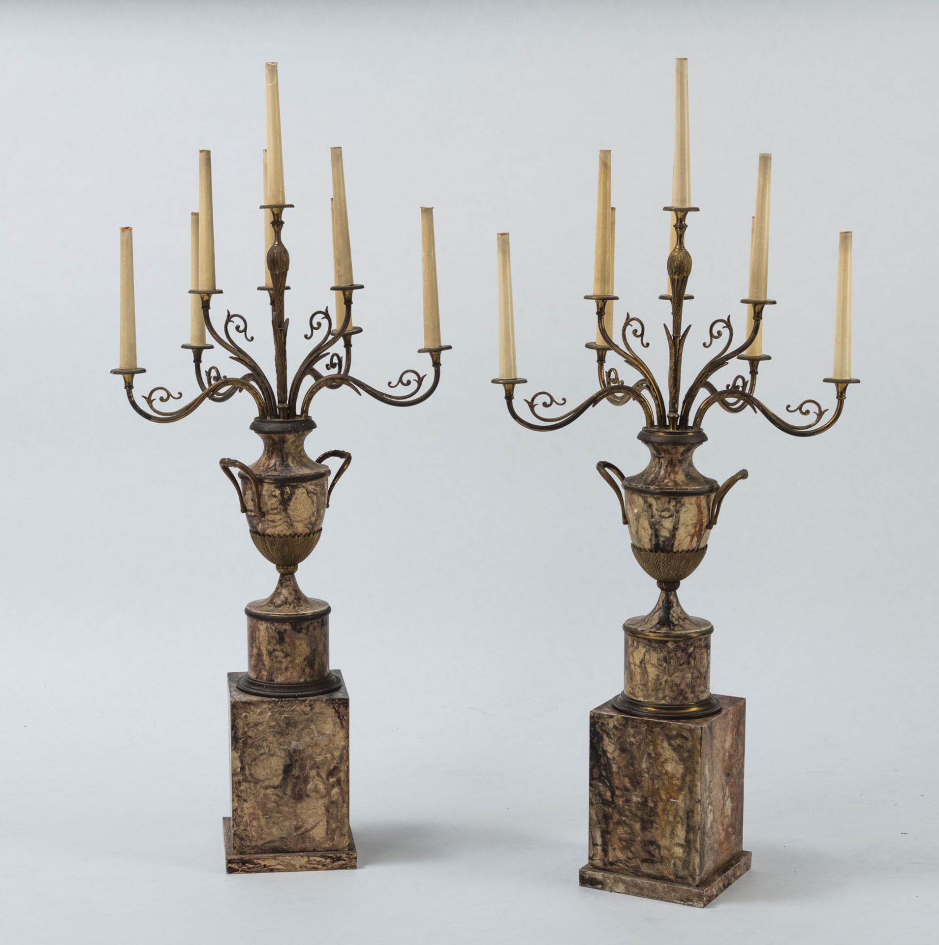 A PAIR OF EIGHT LIGHT PAINTED METAL BRASS AND WOOD CANDELABRA "ARTE POVERA" - Image 2 of 2