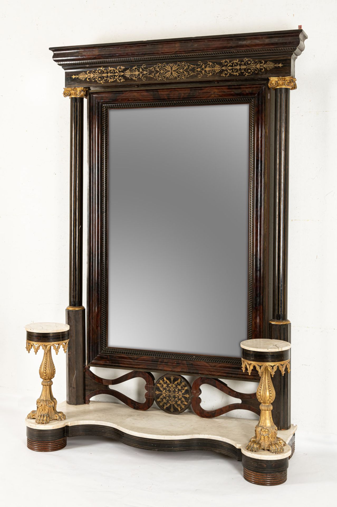 A MONUMENTAL CHARLES X MAHOGANY, EBONIZED AND BRASS INLAID CONSOLE MIRROR - Image 2 of 3