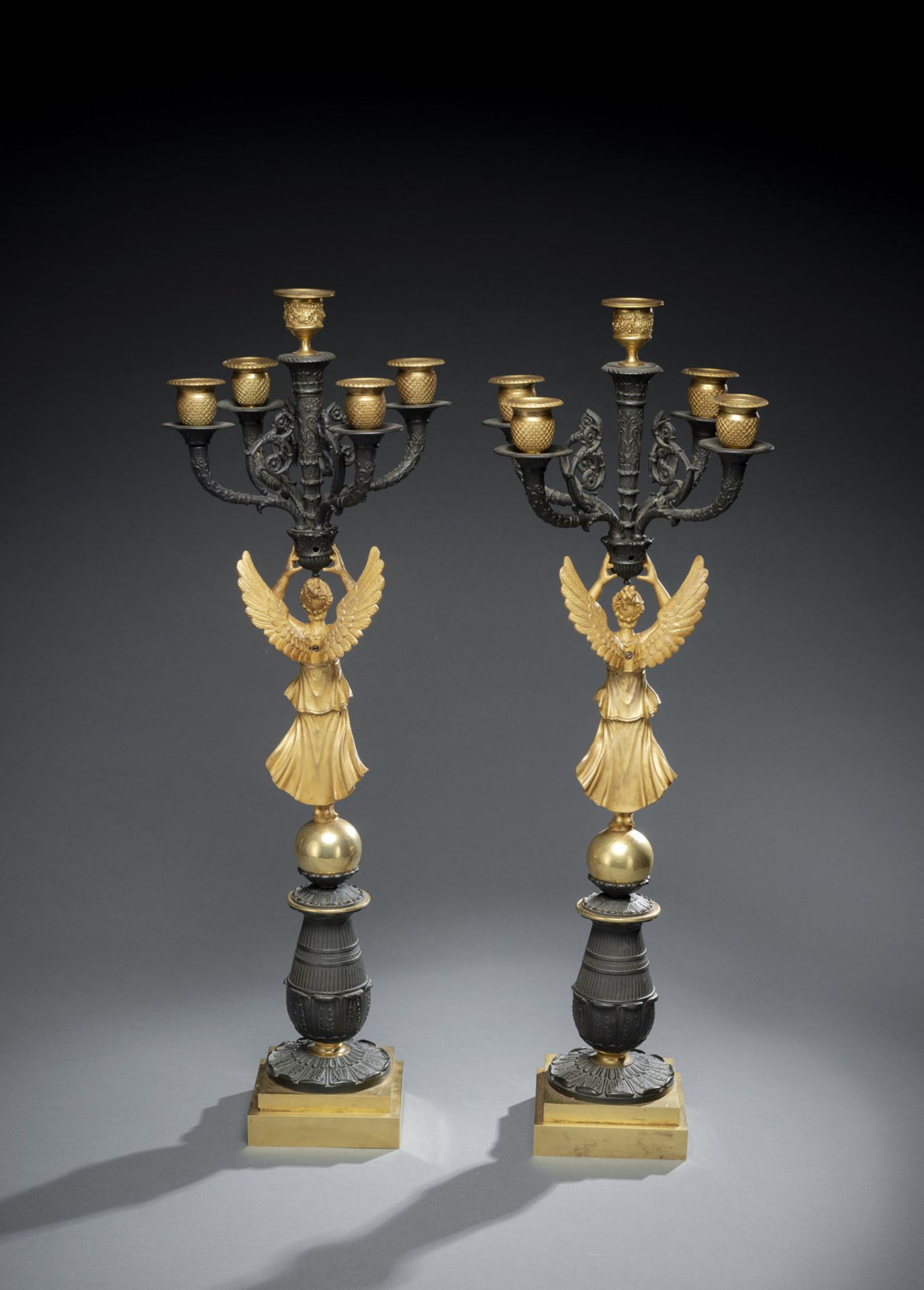 A PAIR OF FRENCH CHARLES X ORMOLU AND PAINTED BRONZE FIVE LIGHT CANDELABRA - Image 3 of 3