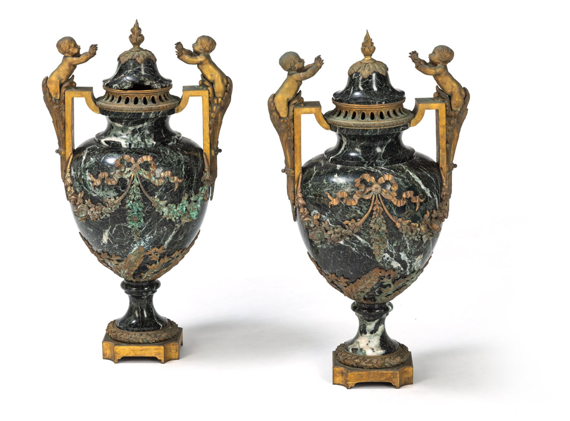 A PAIR OF FRENCH ORMOLU MOUNTED VERT DE MER MARBLE TWO-HANDLED VASES - Image 2 of 4